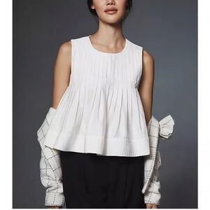 TCEC White Sleeveless Pleated Cotton Blouse | Size L | NWOT